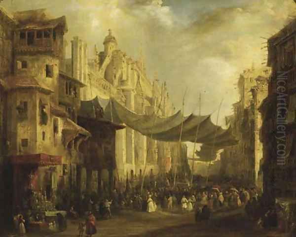 A Procession around the Cathedral of Seville Oil Painting by Genaro Perez Villaamil Y Duguet