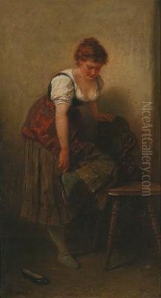 Young Woman Putting On Her Shoes Oil Painting by Wilhelm Sen Roegge