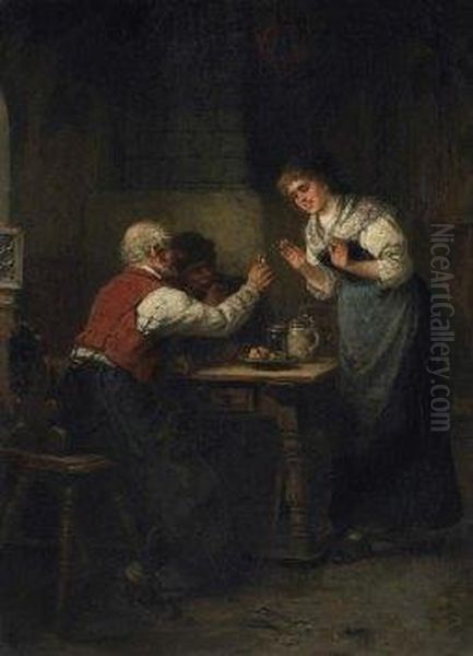 At The Inn. Old Charmer Offers The Declining Maid A Glass Of Wine. Oil Painting by Wilhelm Sen Roegge