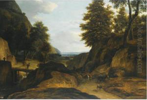 A Wooded Mountain Landscape With
 A Herdsman And His Cattle, A Traveler Crossing A Bridge Over A Stream Oil Painting by Roelandt Roghman