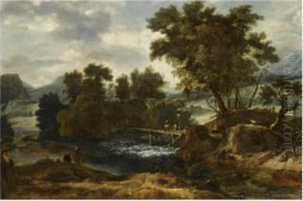 A River Landscape With 
Travellers Crossing A Wooden Bridge And Two Fishermen On The Nearside 
Riverbank Oil Painting by Roelandt Roghman