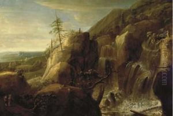 A Waterfall In An Extensive Mountainous Landscape With Travellersin The Foreground Oil Painting by Roelandt Roghman