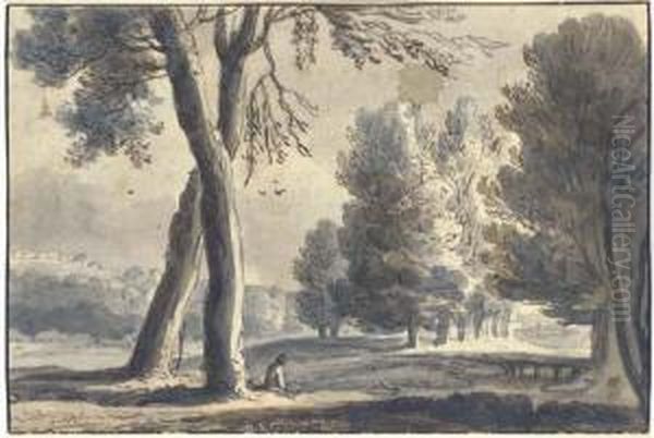 An Extensive Wooded Landscape, A Figure Seated Under A Tree In Theforeground Oil Painting by Roelandt Roghman