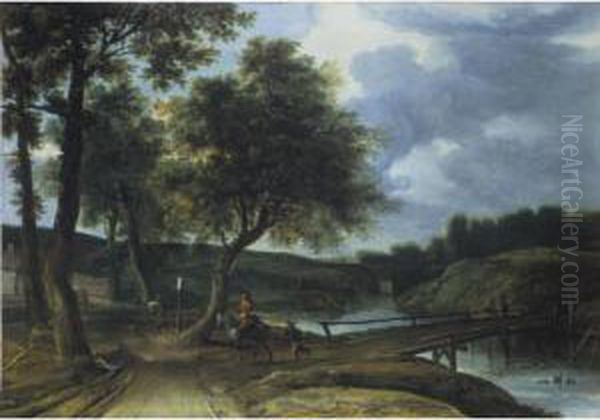 A River Landscape With Travellers On A Track And Anglers On A Bridge Oil Painting by Roelandt Roghman