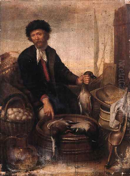 A poultry seller on a quay Oil Painting by Gerrit van Donck