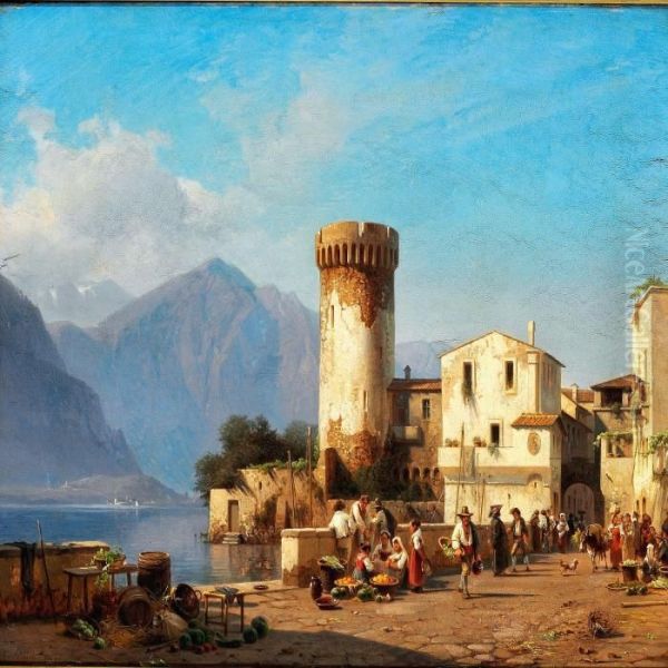 View Of A Town At A Lake Surrounded By Mountains, Northern Italy Oil Painting by Frederik Niels M. Rohde