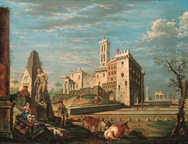 A capriccio, with a castello and figures by the Farnese Hercules Oil Painting by John Devoto