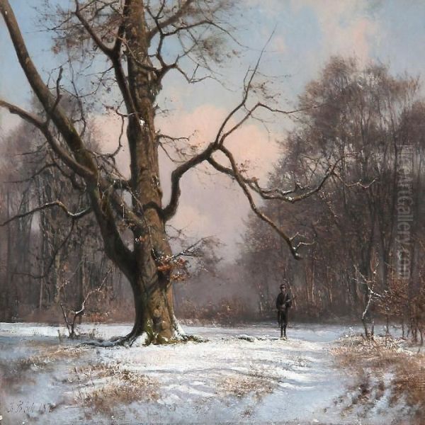 A Hunter In The Woods On A Winter Day Oil Painting by Frederik Niels M. Rohde