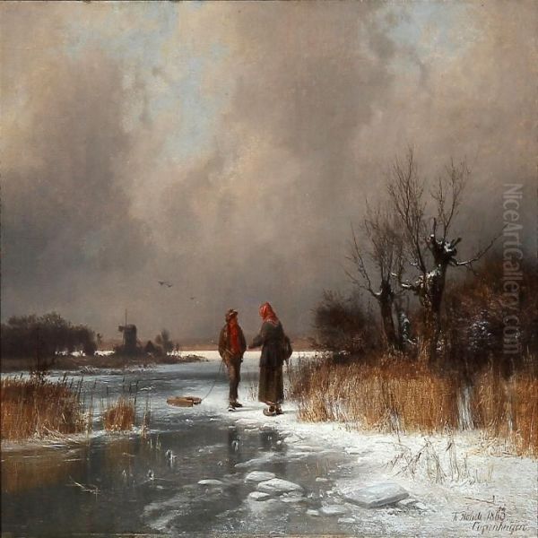 A Talk On A Frozen Lake Oil Painting by Frederik Niels M. Rohde