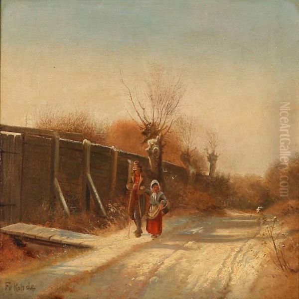 Winter Landscape With A Couple On A Country Road Oil Painting by Frederik Niels M. Rohde