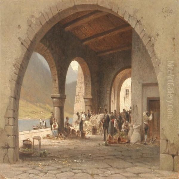 A Busy Market Day Bythe Lake, Presumably In Ascona Oil Painting by Frederik Niels M. Rohde