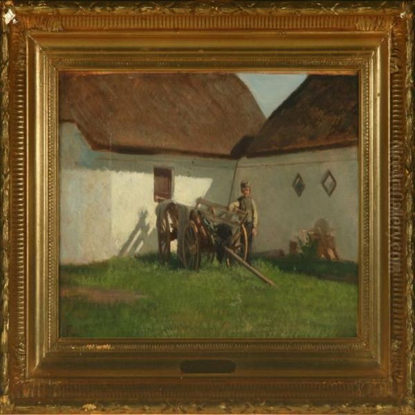 Exterior With Farmer By Cart Oil Painting by Frederik Niels M. Rohde