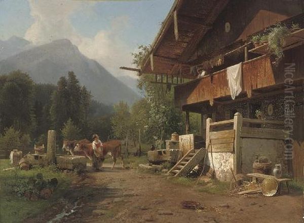 Gossips At An Alpine Chalet Oil Painting by Frederik Niels M. Rohde