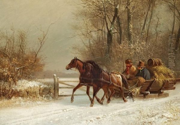 A Horse Sledge In A Winter Landscape Oil Painting by Frederik Niels M. Rohde