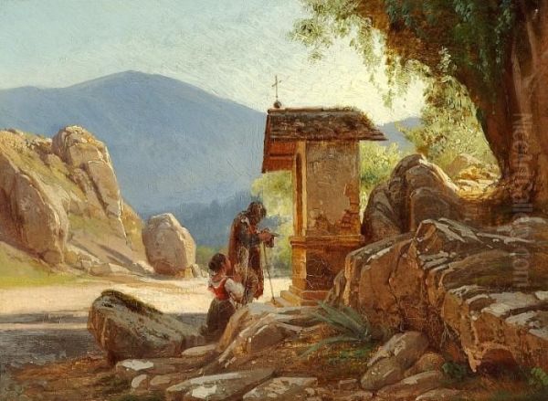 Worshippers By A Roadside Altar In Italy Oil Painting by Frederik Niels M. Rohde