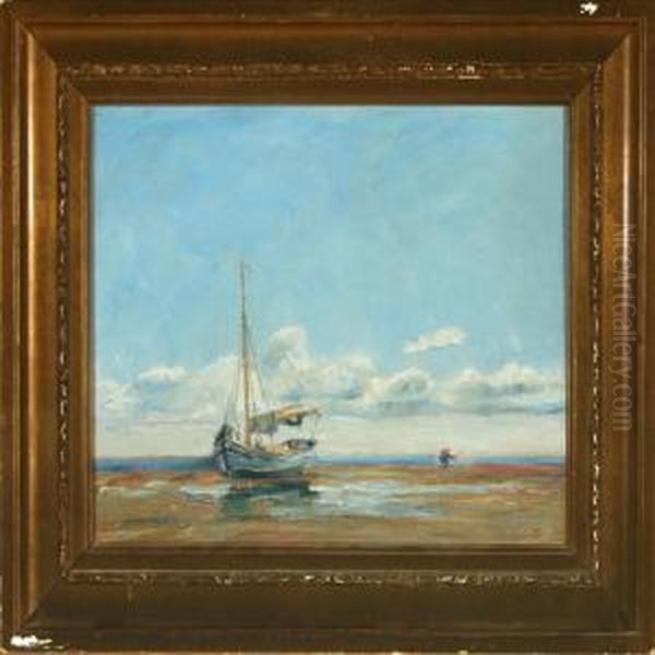 Ships On The Beach At Sonderho Oil Painting by Johan Rohde