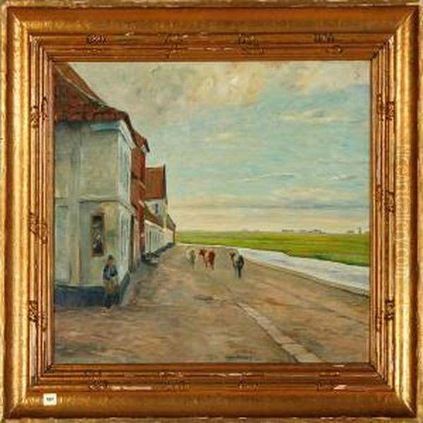 A Danish Street Scenery From Ribe Town Oil Painting by Johan Rohde