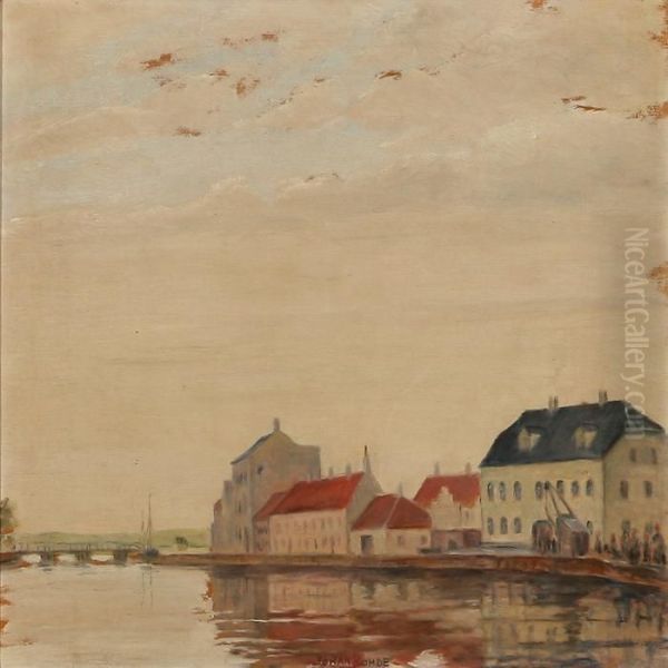 Harbour Scene From Randers, Denmark Oil Painting by Johan Gudmann Rohde