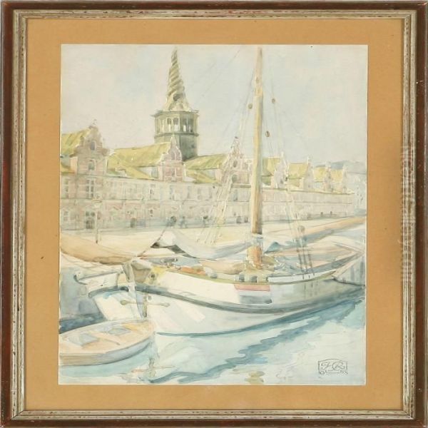 Canal Scene From Copenhagen Oil Painting by Johan Gudmann Rohde