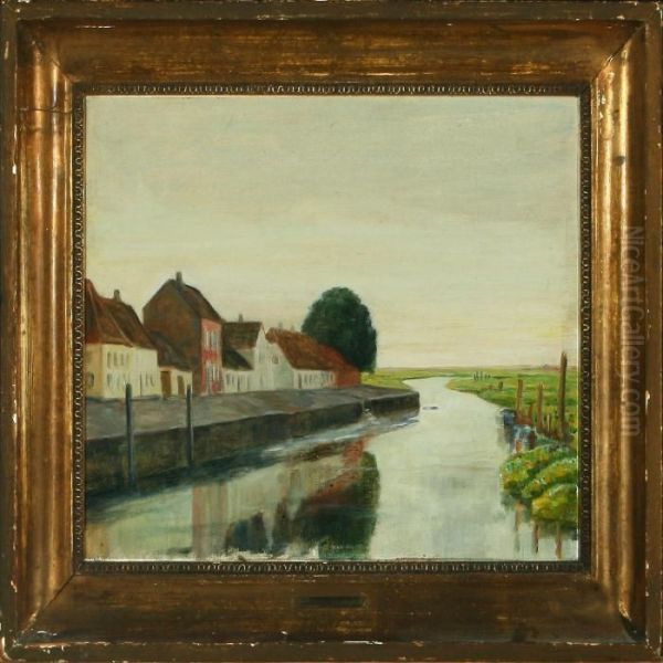 Ved Ribe, Skibsbro Oil Painting by Johan Gudmann Rohde