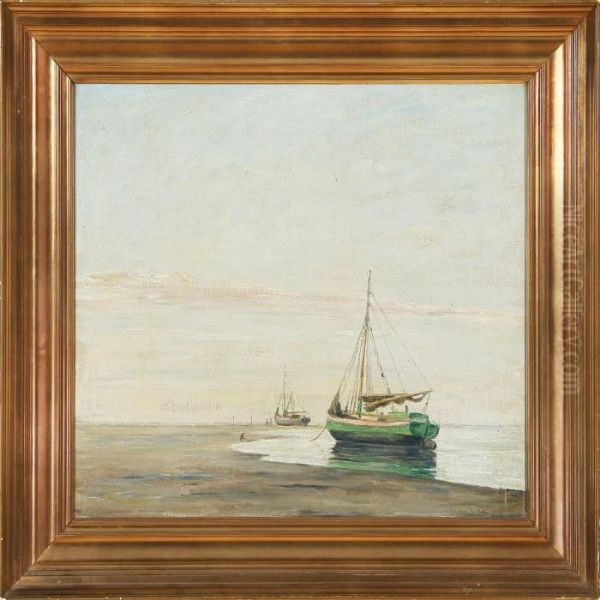 Sailing Ships On Fano Beach Oil Painting by Johan Gudmann Rohde