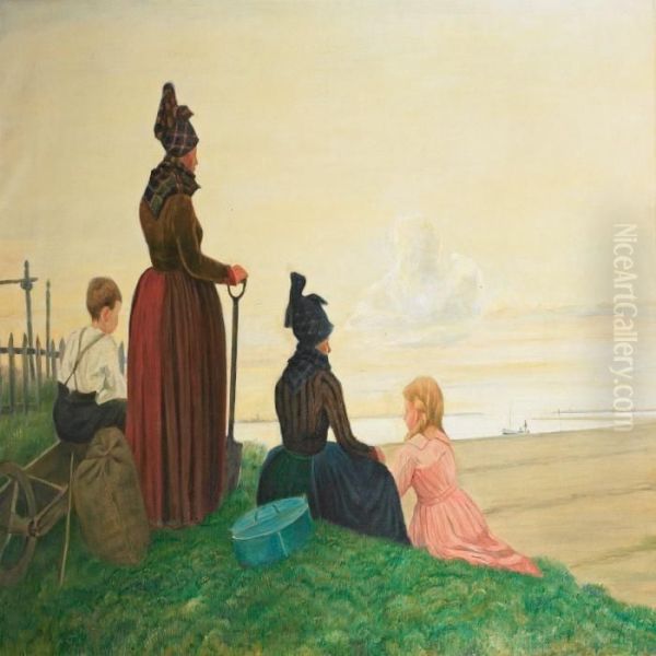 Women And Children From The Island Fanoe Waiting For Thereturned Fisherman Oil Painting by Johan Gudmann Rohde