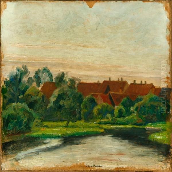 A Danish Landscape Withred Roof Ridges In The Evening Sun Oil Painting by Johan Gudmann Rohde