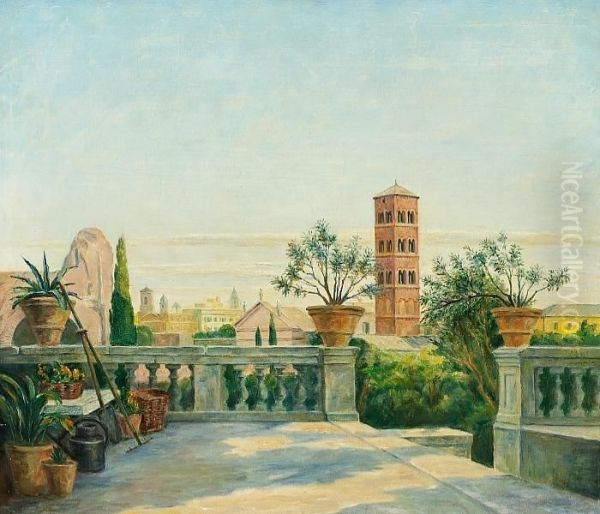 View Overlooking Roman Roof-tops Oil Painting by Johan Gudmann Rohde