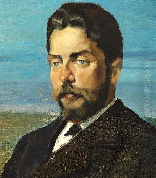 Portrait Of The Artist's Friend The Author Henrik Pontoppidan Oil Painting by Johan Gudmann Rohde