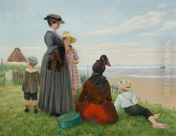 The Artist's Family On The Beach Meeting A Local Woman, Fanoe Oil Painting by Johan Gudmann Rohde