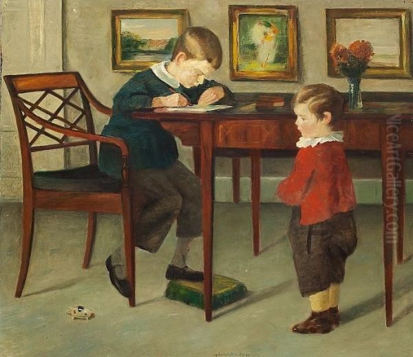 Interior With The Painter's Children Oil Painting by Johan Gudmann Rohde