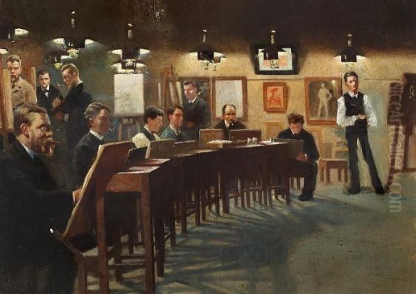 Tuxen's Art School Oil Painting by Johan Gudmann Rohde