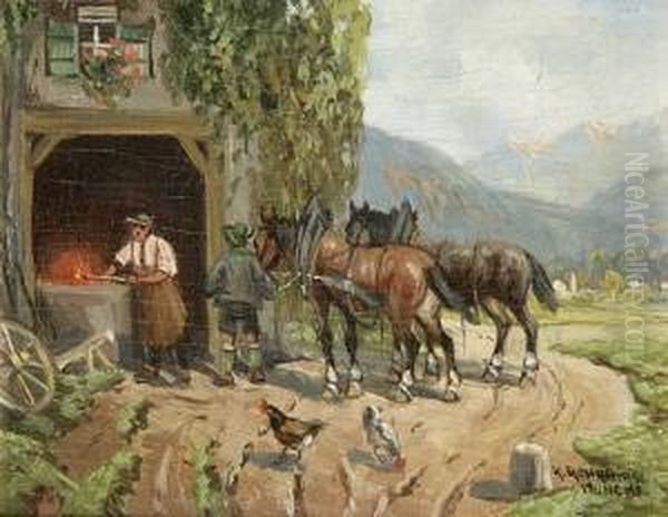 Pferde Vor Der Hufschmiede Oil Painting by Karl Rohrhirsch