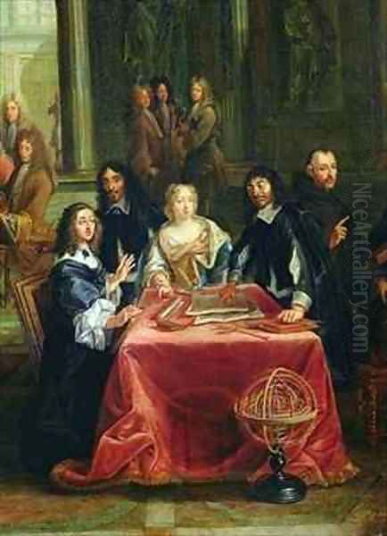 Christina of Sweden 1626-89 and her Court detail of the Queen and Rene Descartes 1596-1650 at the Table Oil Painting by Pierre-Louis the Younger Dumesnil