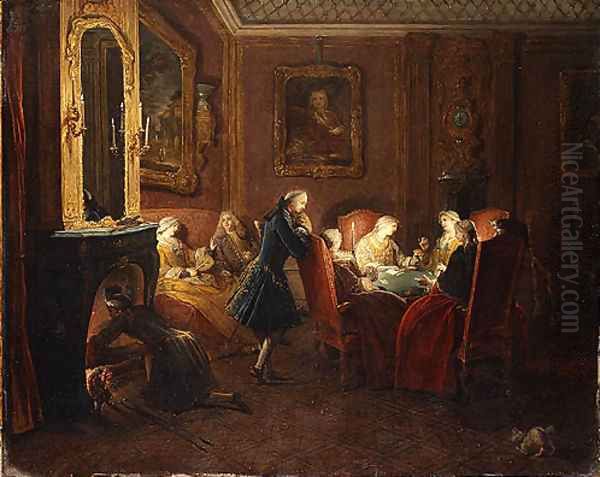 Interior with Card Players Oil Painting by Pierre-Louis the Younger Dumesnil