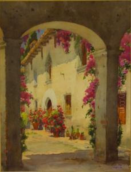 <porche Y Flores>. Med.: 38 X 29 Cm Oil Painting by Lluis Roig Ensenat