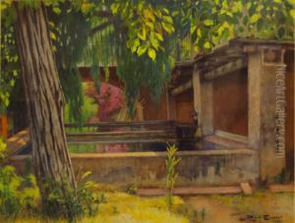 <jardin Con Balsa>. Med.: 48 X 63 Cm Oil Painting by Lluis Roig Ensenat