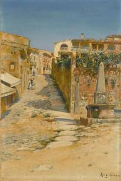 Figures On A Shaded Street Oil Painting by Joan Roig Soler