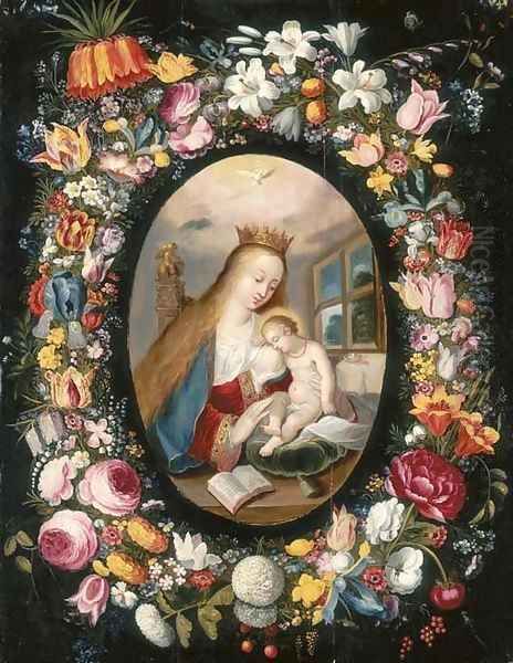 A garland of flowers surrounding a medallion of the Virgin and Child Oil Painting by Andries Daniels