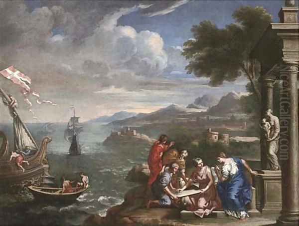 A Mediterranean coastal landscape with shipping and figures before a statue of the Madonna and Child in a classical portico Oil Painting by Domenico Zampieri (Domenichino)