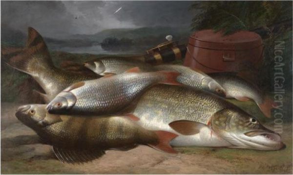 Still Life Of Pike, Grayling And Perch Oil Painting by Henry Leonidas Rolfe