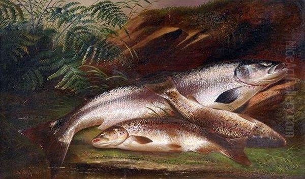 Still Life Of Salmon And Brown Trout On A Riverbank Oil Painting by Henry Leonidas Rolfe