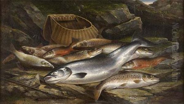 A Still Life Of Assorted Fish On A Riverbank Oil Painting by Henry Leonidas Rolfe