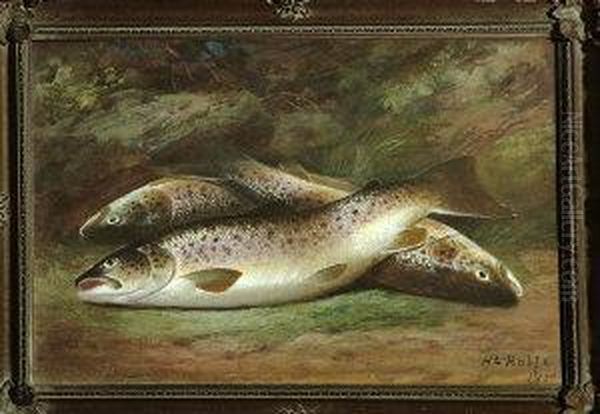 A Study Of Three Trout Taken From The River Test Oil Painting by Henry Leonidas Rolfe