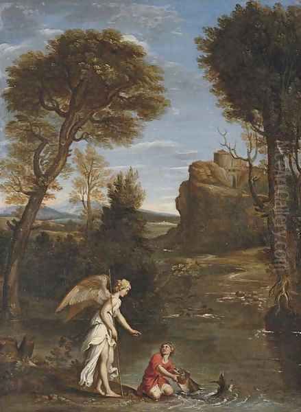 An Italianate landscape with Tobias and the Angel Oil Painting by Domenico Zampieri (Domenichino)