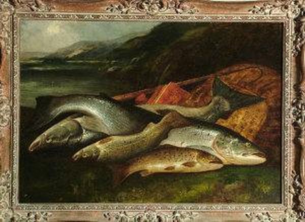 Salmon And Trout On A Lakeside Oil Painting by Henry Leonidas Rolfe