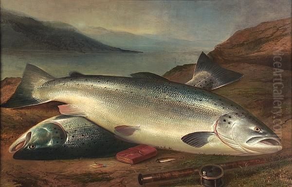 A Brace Of Salmon On The Banks Of Loch Tay Oil Painting by Henry Leonidas Rolfe