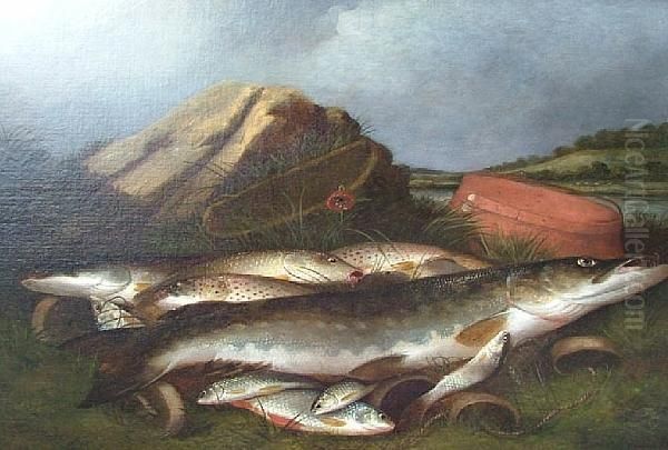 Pike And Trout On A Riverbank Oil Painting by Henry Leonidas Rolfe