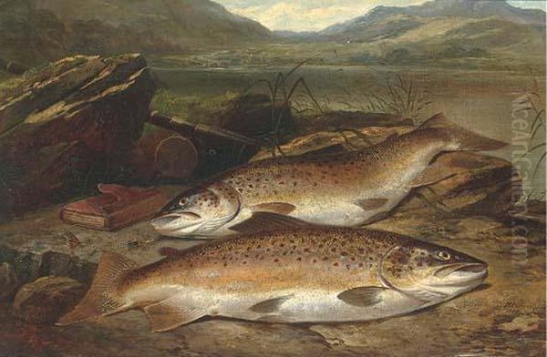 Brown Trout On A River Bank Oil Painting by Henry Leonidas Rolfe