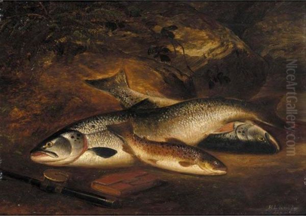 Two Salmon And A Brown Trout Oil Painting by Henry Leonidas Rolfe